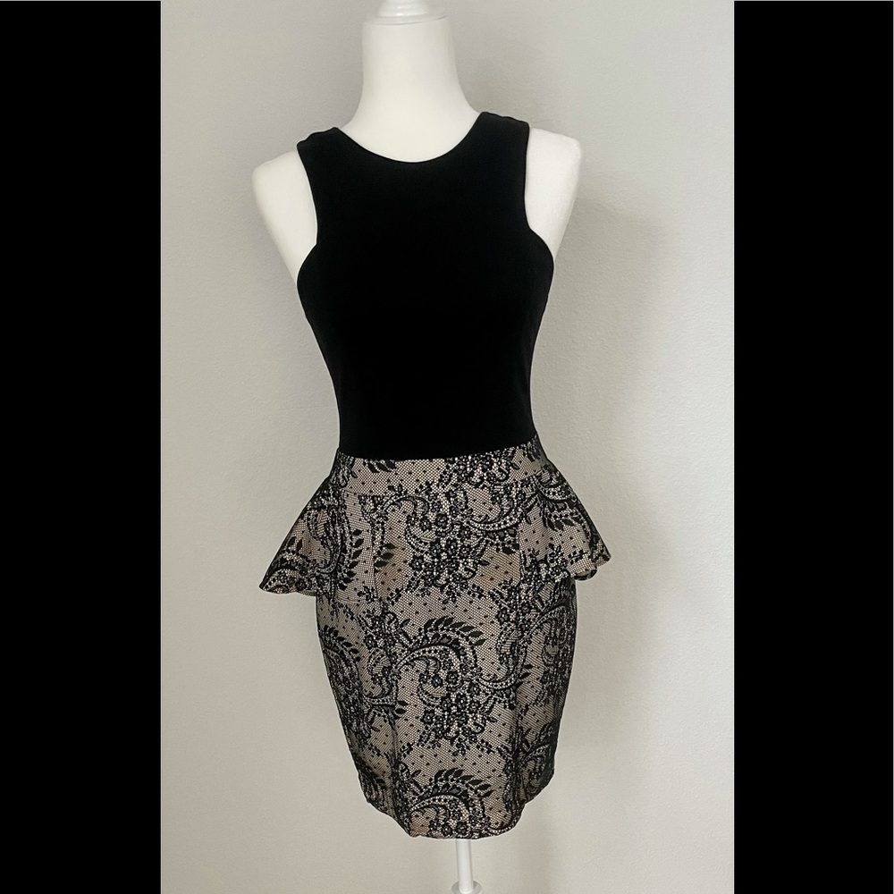 bebe black/beige lace peplum skirt dress